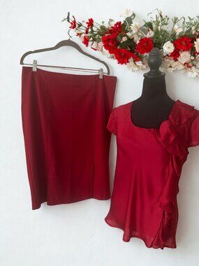 Ruby Red Satin Blouse and Matching Skirt - Never Worn